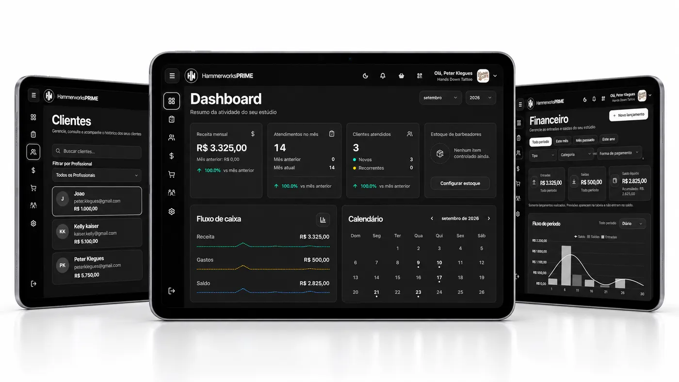 Três tablets lado a lado com as telas Clientes, Dashboard e Financeiro do Hammerworks Prime